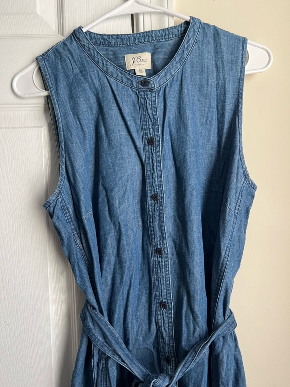 J. Crew Blue Chambray / Denim Button Down Sleeveless Belt Tie Waist Dress Medium - Picture 4 of 9